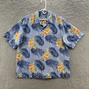 Tommy Bahama Shirt Mens Large Blue Colorful Tropical Silk Short Sleeve Button Up